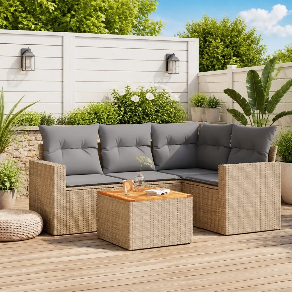 Garden Sofa Set PE Rattan 5 Piece Outdoor Furniture Patio Beige Cushions Modular