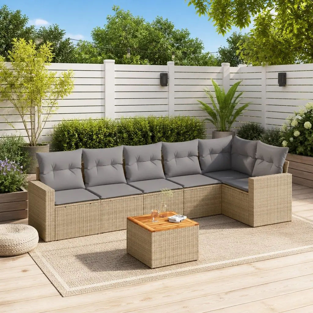 7 Piece Garden Sofa Set PE Rattan Beige with Acacia Wood Table Top and Cushions