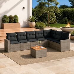 Durable 8 Piece Grey Garden Sofa Set with Acacia Table