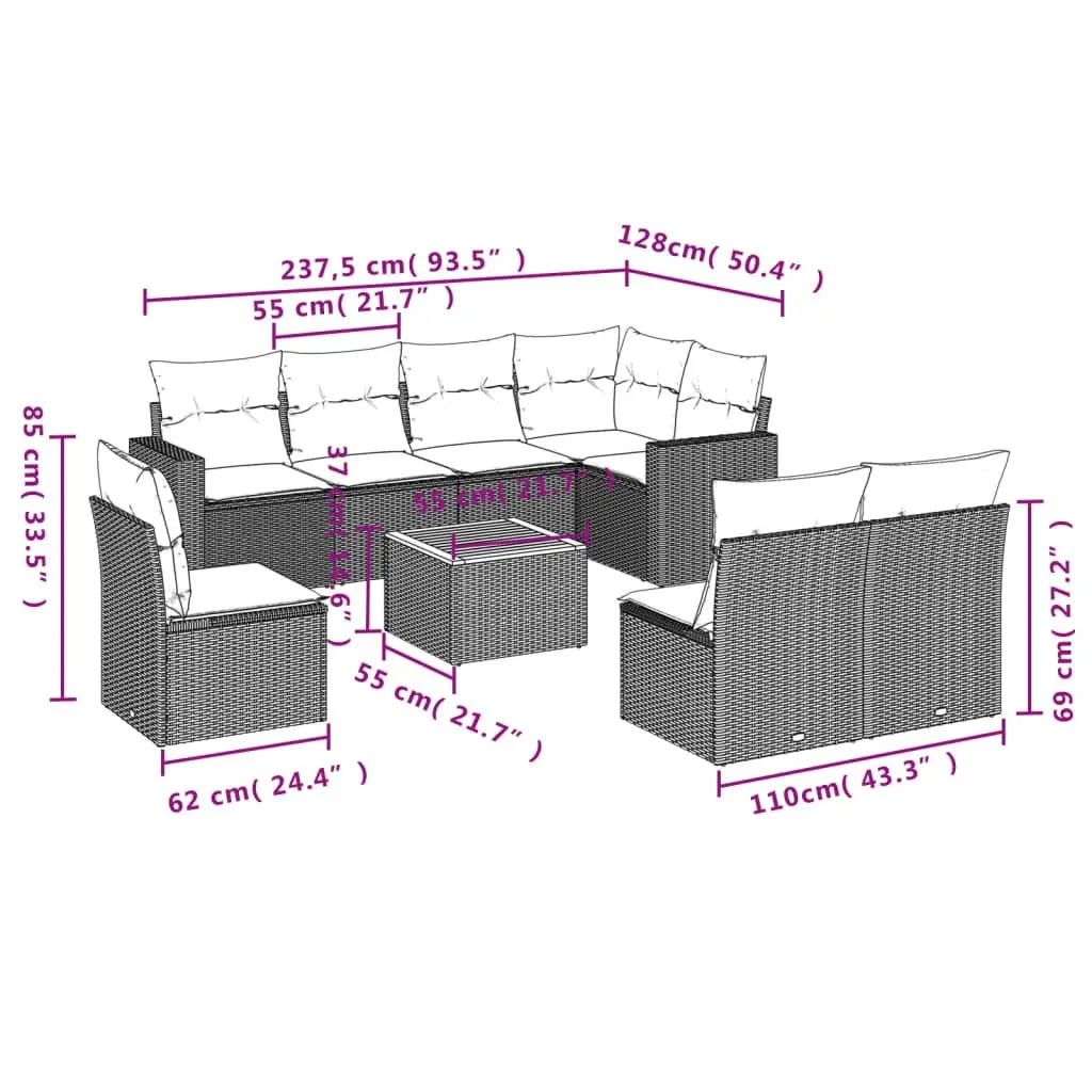 Beige 9-Piece Modular Rattan Garden Sofa Set