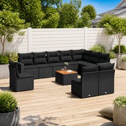 11-Piece Black Poly Rattan Outdoor Sofa Set with Cushions