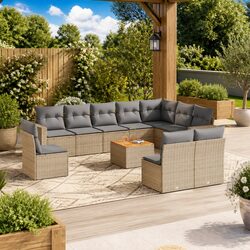 Beige Poly Rattan 11 Piece Garden Sofa Set with Cushions