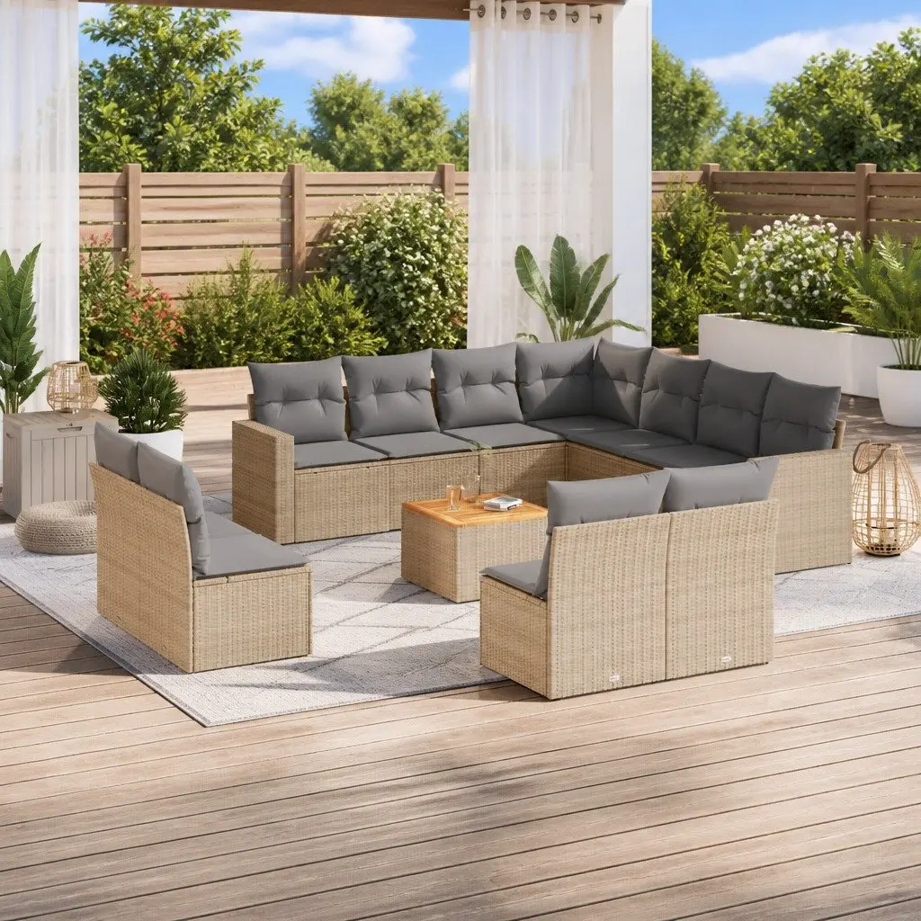 12 Piece Garden Sofa Set PE Rattan Beige Outdoor Furniture with Cushions