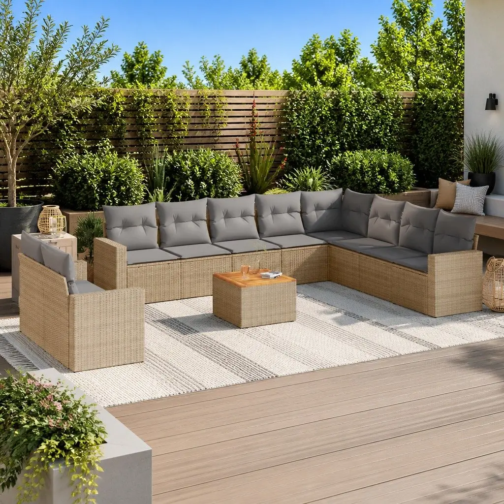 11 Piece Outdoor Garden Sofa Set PE Rattan Beige Modular with Cushions Acacia Wood Table Top
