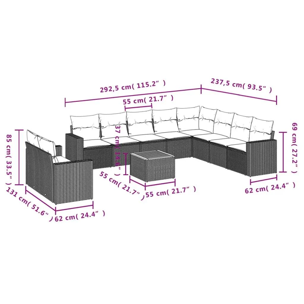 11 Piece Outdoor Garden Sofa Set PE Rattan Beige Modular with Cushions Acacia Wood Table Top