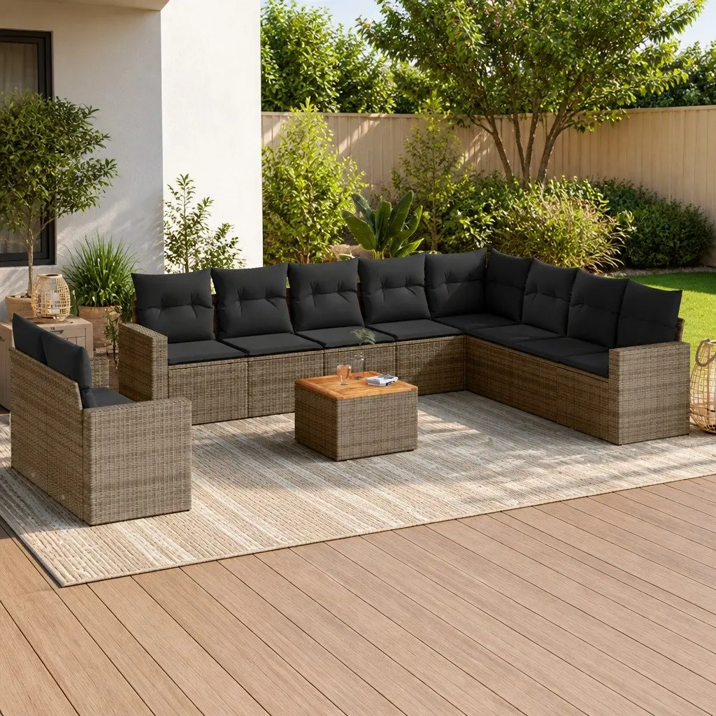 11 Piece Garden Sofa Set PE Rattan Modular Grey Cushions Acacia Wood Table