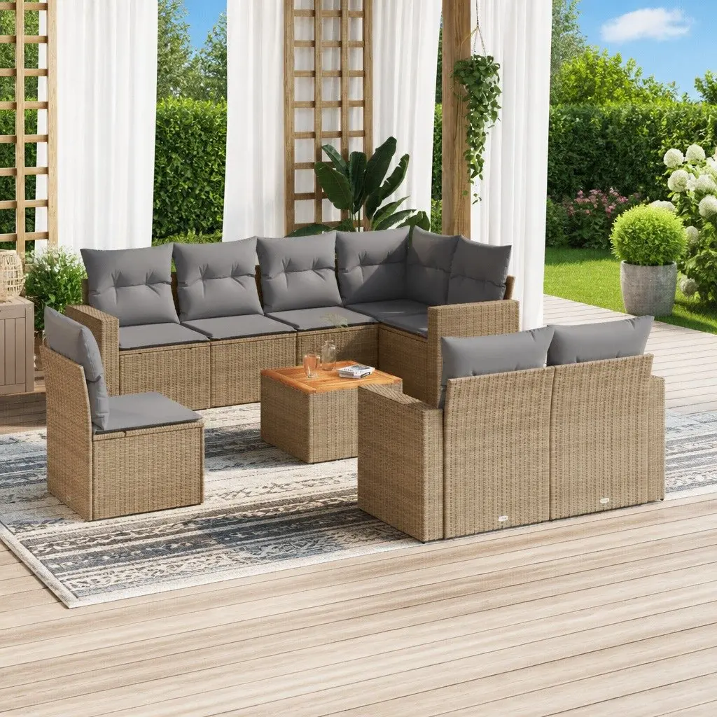 Beige 9-Piece Modular Garden Sofa Set with Acacia Top
