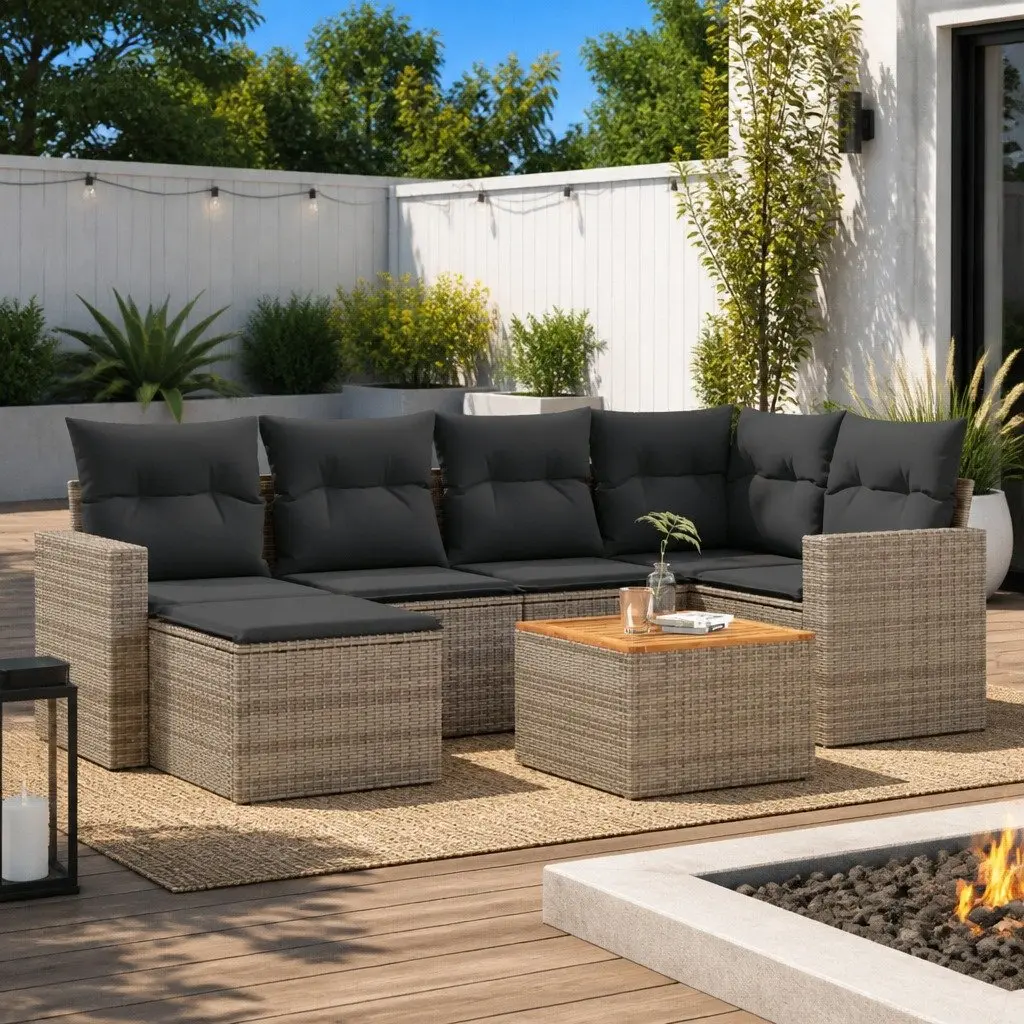 7 Piece Outdoor Sectional Sofa Set Grey Poly Rattan Garden Furniture