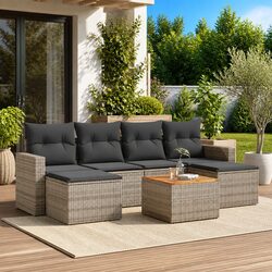 7-Piece Grey Poly Rattan Outdoor Sofa Set with Cushions