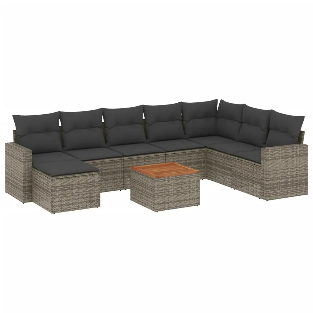 9 Piece Garden Sofa Set PE Rattan Grey Modular Outdoor Furniture with Acacia Wood Table and Cushions