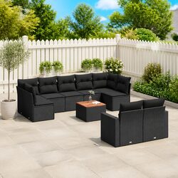 Durable 10-Piece Black Poly Rattan Outdoor Sofa Set