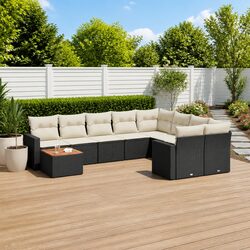 10-Piece Black Poly Rattan Outdoor Sofa Set