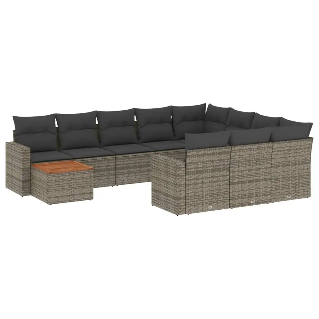 11 Piece Garden Sofa Set PE Rattan Grey Outdoor Sectional Furniture Acacia Wood Tabletop Cushions