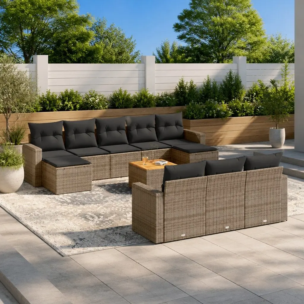 Outdoor Sectional Sofa Set PE Rattan 11 Piece Grey with Acacia Wood Table Top
