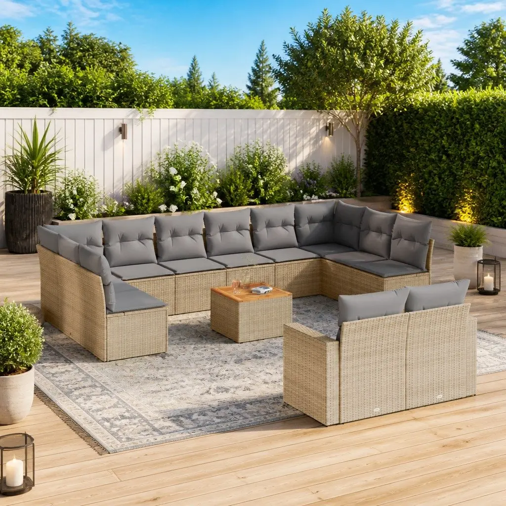 Beige 13-Piece Outdoor Sectional Sofa Set with Acacia Table