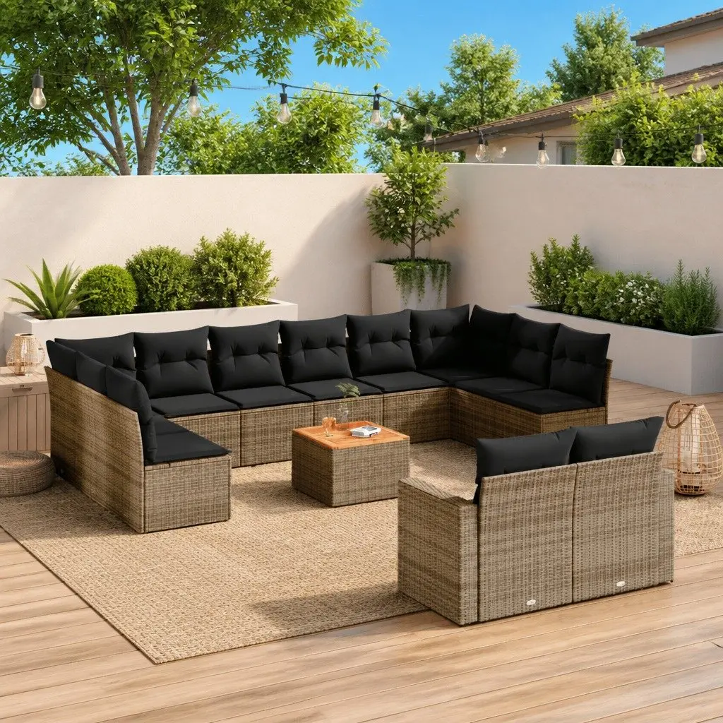 13 Piece Outdoor Garden Sofa Set Grey PE Rattan Acacia Wood Table