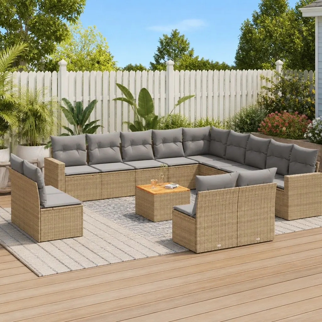Outdoor Sectional Sofa Set PE Poly Rattan 14 Piece Modular Garden Furniture Beige