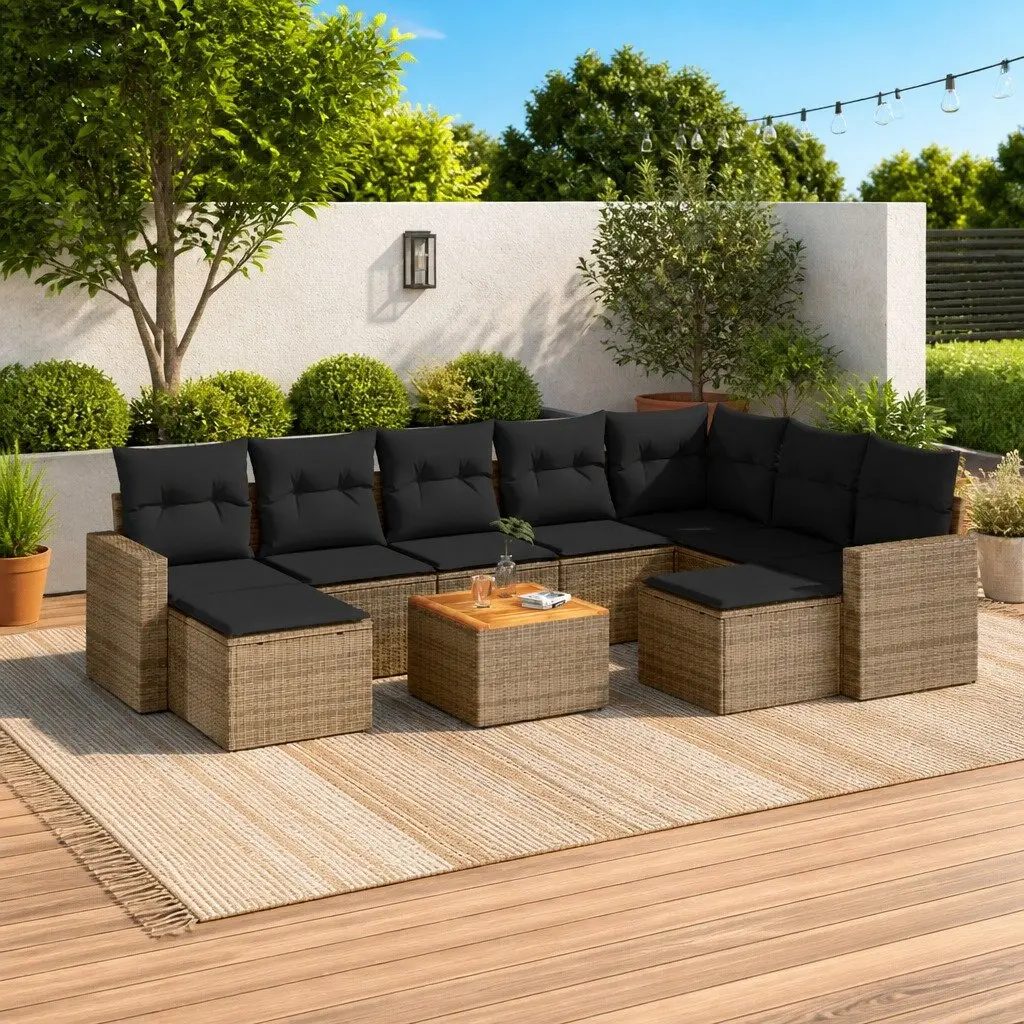 Outdoor Sofa Set 10 Piece PE Rattan Grey Modular with Acacia Wood Table