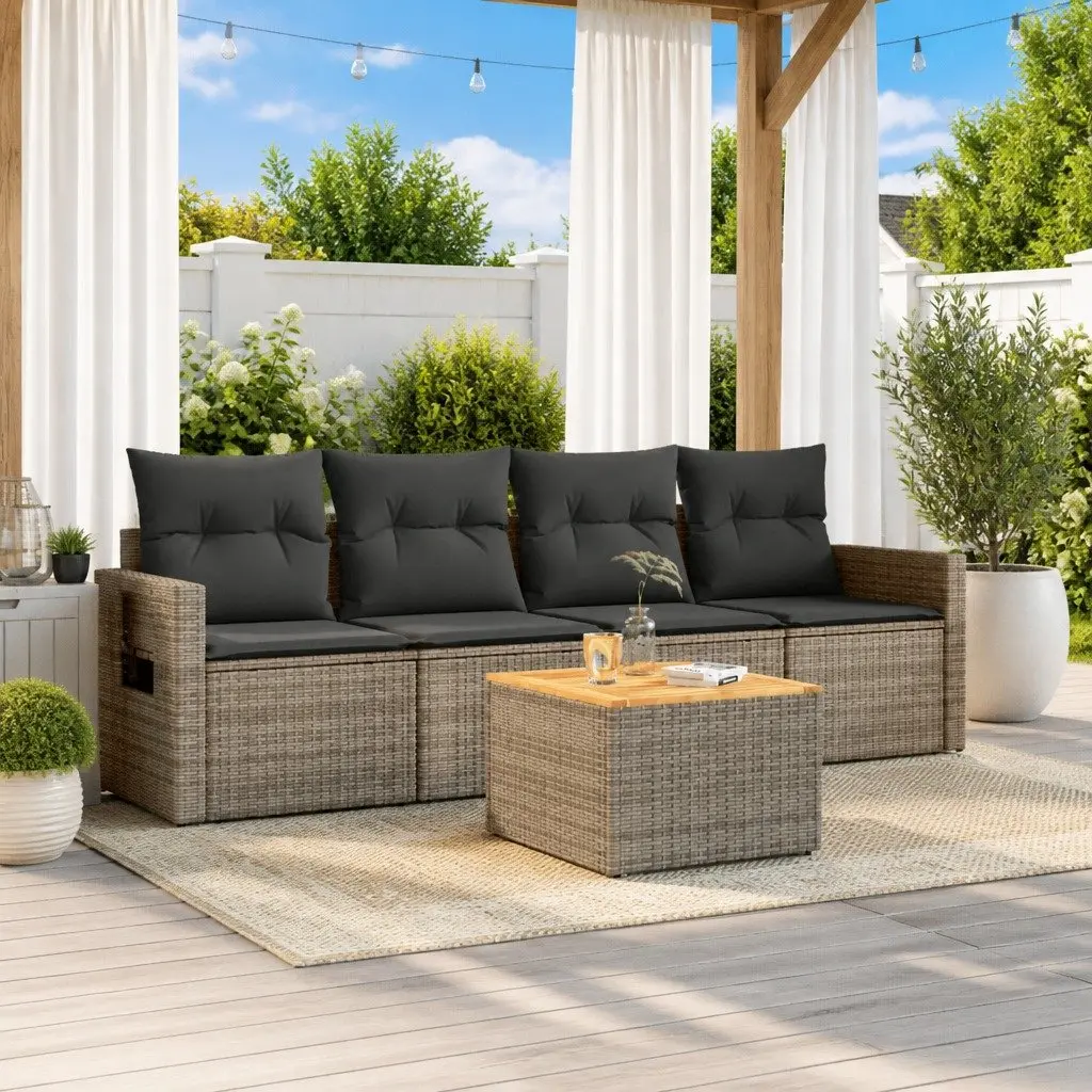5-Piece Grey Poly Rattan Outdoor Sectional Sofa Set
