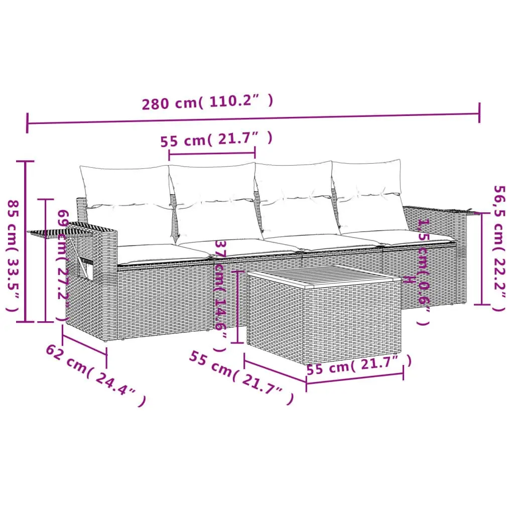 5-Piece Grey Poly Rattan Outdoor Sectional Sofa Set