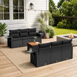 7-Piece Black Poly Rattan Outdoor Sectional Sofa Set