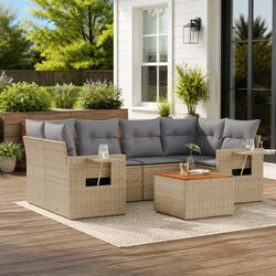 Beige 7-Piece Outdoor Sectional Sofa Set with Side Table