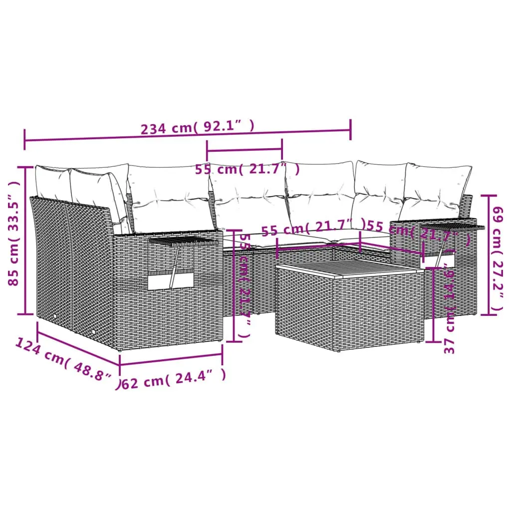 7 Piece Grey Poly Rattan Outdoor Sectional Sofa Set