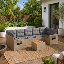 Beige 8-Piece Outdoor Sectional Sofa Set with Table