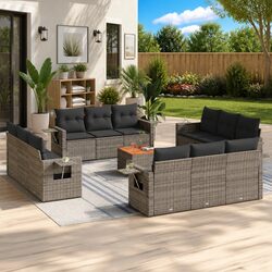 Premium 13-Piece Grey Poly Rattan Outdoor Sectional Set