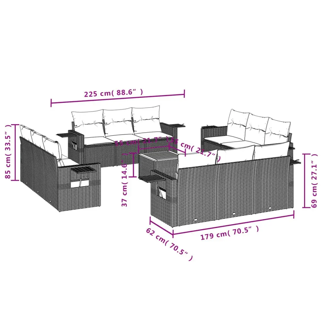 Outdoor Sofa Set PE Rattan 13 Piece Grey Modular Garden Furniture