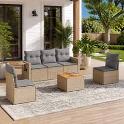 6-Piece Beige Rattan Outdoor Sectional Sofa Set