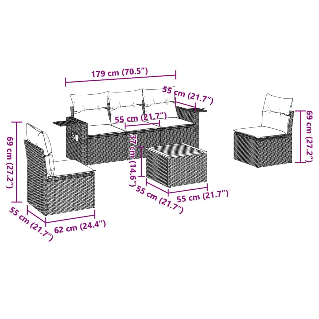 6 Piece Outdoor Sofa Set PE Rattan Grey with Cushions and Acacia Wood Table