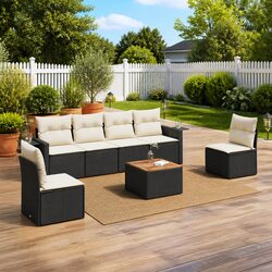 7-Piece Black Poly Rattan Outdoor Sofa Set