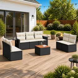 Premium 8-Piece Black Poly Rattan Outdoor Sectional Sofa Set