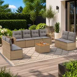 Garden Sectional Sofa Set 9 Piece Outdoor Seating with Cushions Side Table Beige