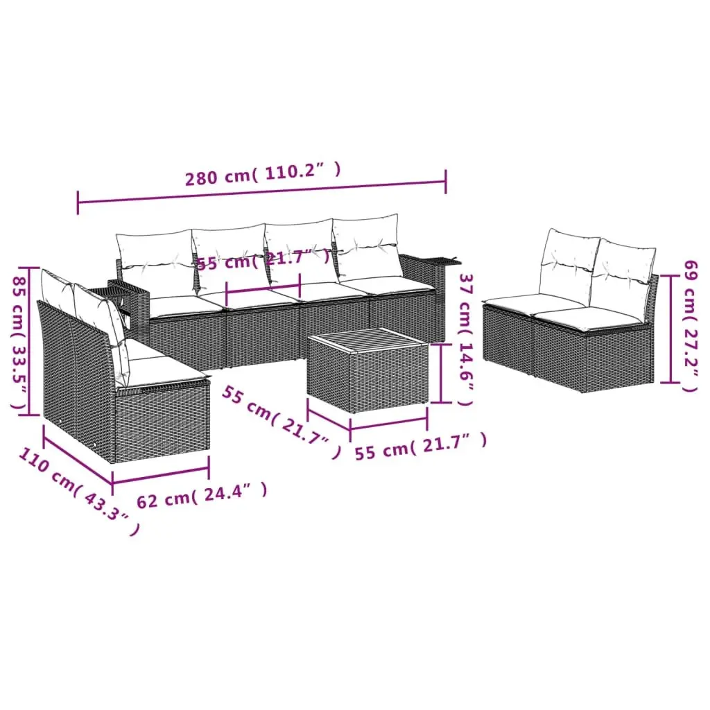 9 Piece Grey Poly Rattan Outdoor Sofa Set