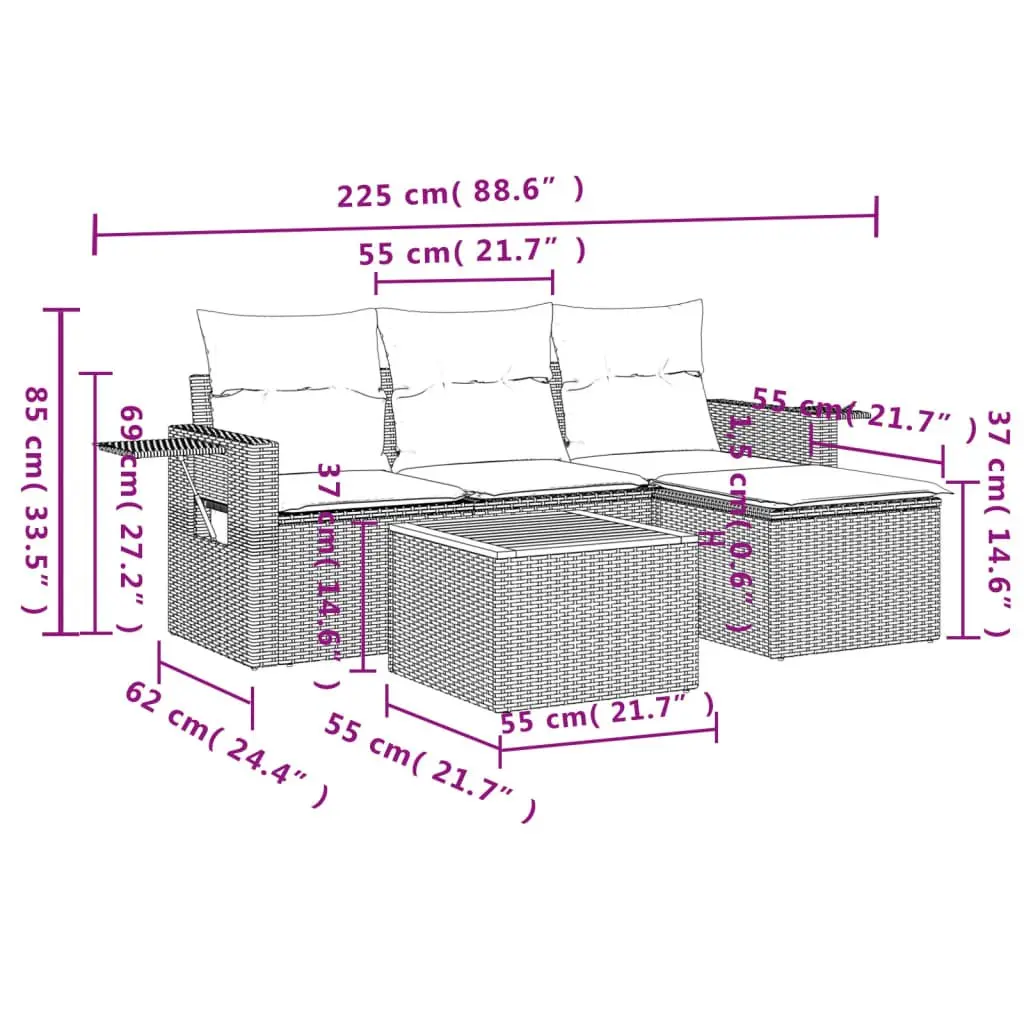 Outdoor Sectional Sofa Set PE Rattan 5 Piece Grey