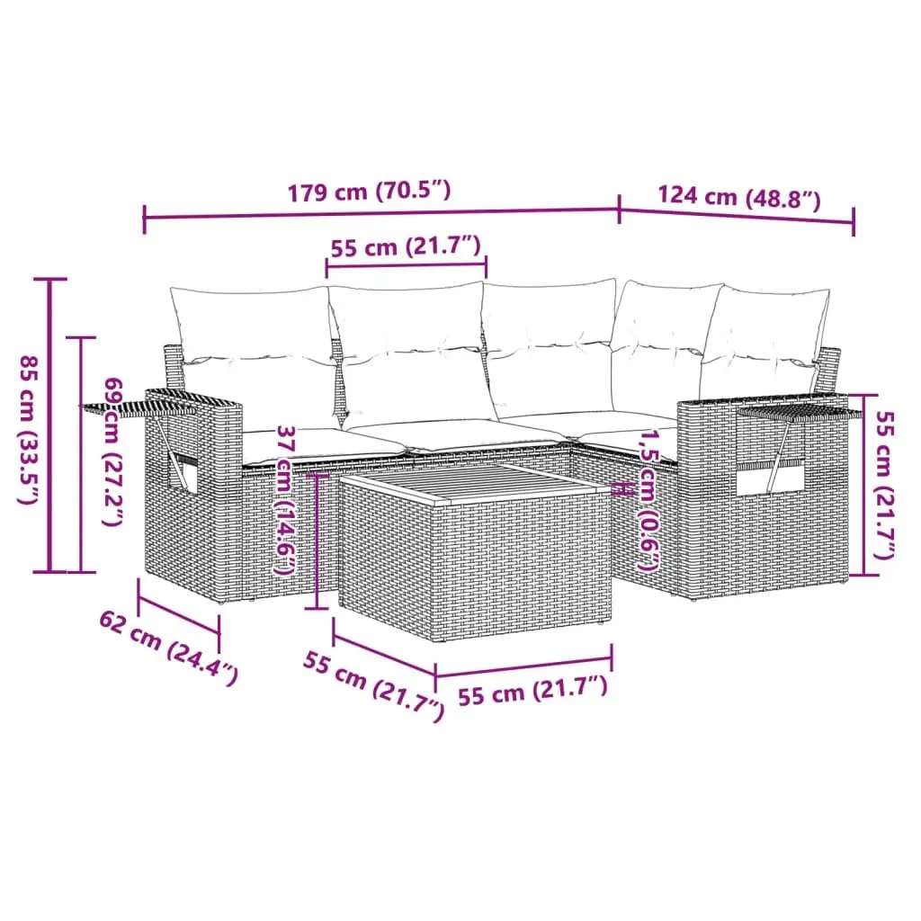 5-Piece Grey Modular Outdoor Sectional Sofa Set