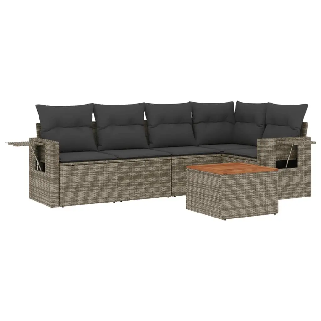 Outdoor Sectional Sofa Set PE Rattan 6 Piece Grey with Acacia Wood Table Top and Removable Cushions
