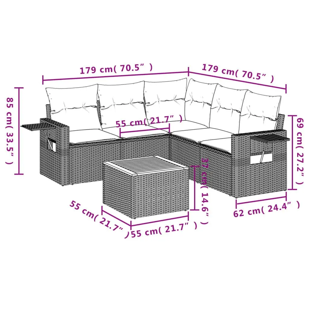 Outdoor Sectional Sofa Set PE Rattan Grey 6 Piece Garden Furniture