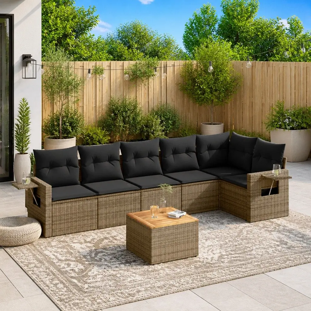 Outdoor Sectional Sofa Set PE Rattan 7 Piece Grey with Acacia Wood Table Top