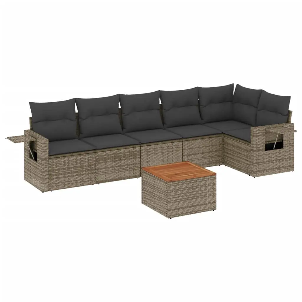 Outdoor Sectional Sofa Set PE Rattan 7 Piece Grey with Acacia Wood Table Top