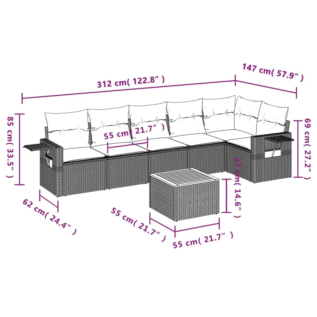 Outdoor Sectional Sofa Set PE Rattan 7 Piece Grey with Acacia Wood Table Top