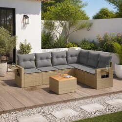Beige Rattan 7 Piece Outdoor Sectional Sofa Set with Cushions for Gardens