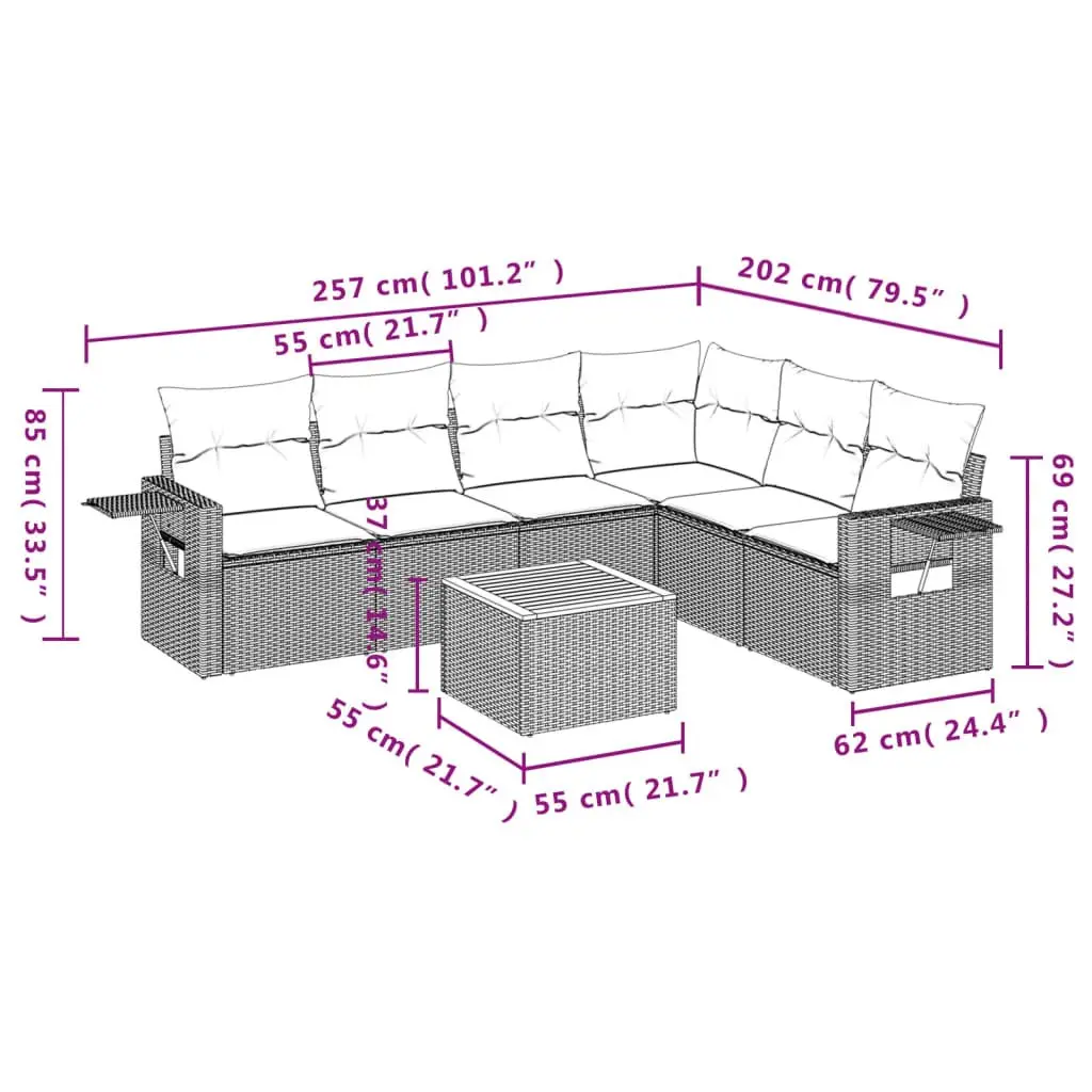 7-Piece Grey Poly Rattan Outdoor Sectional Sofa Set