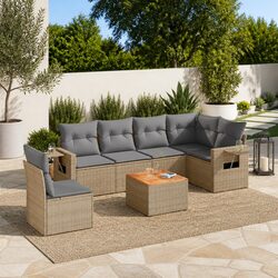 Beige 7-Piece Outdoor Sectional Sofa Set for Gardens
