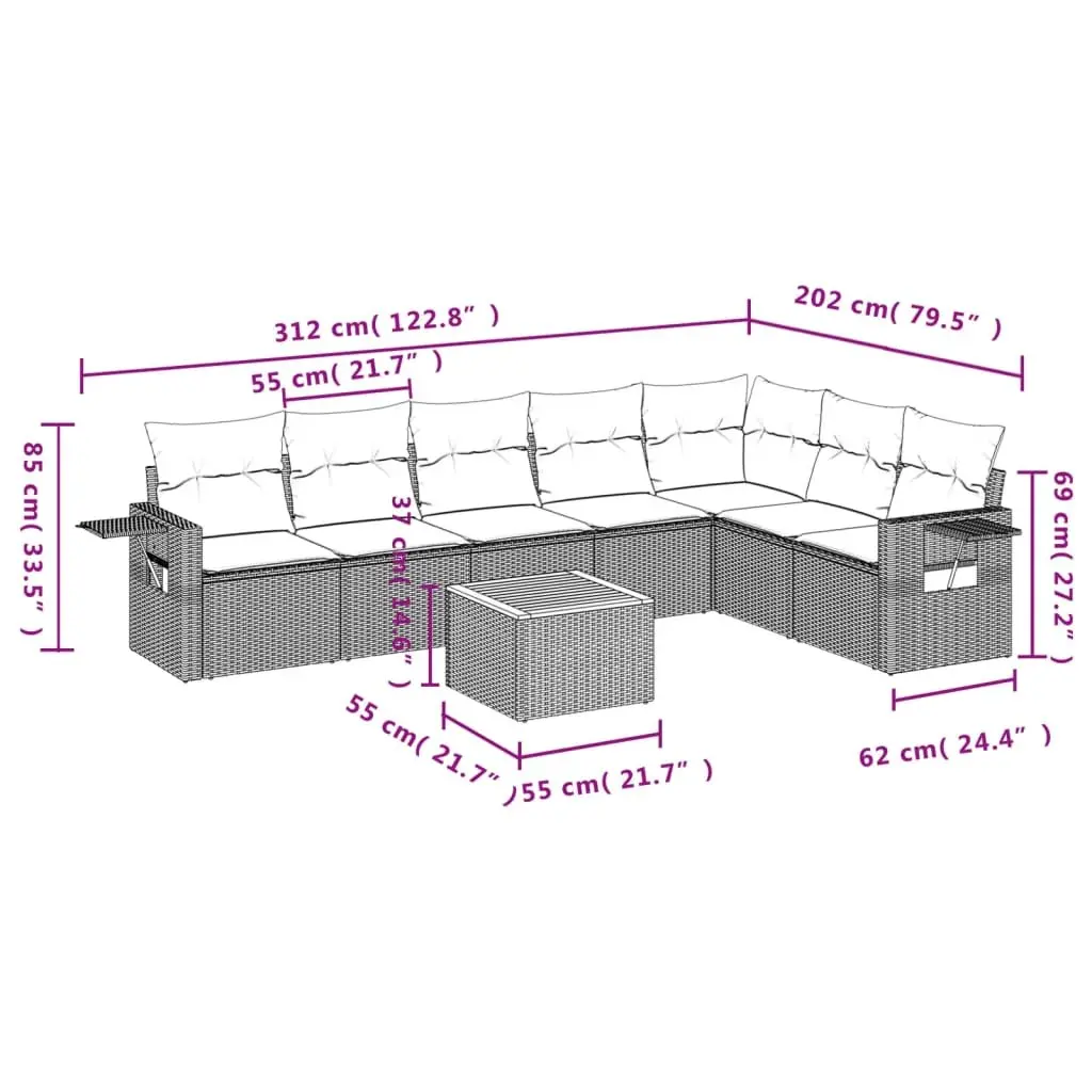 Outdoor Sectional Sofa Set 8 Piece Garden Furniture Grey Poly Rattan with
