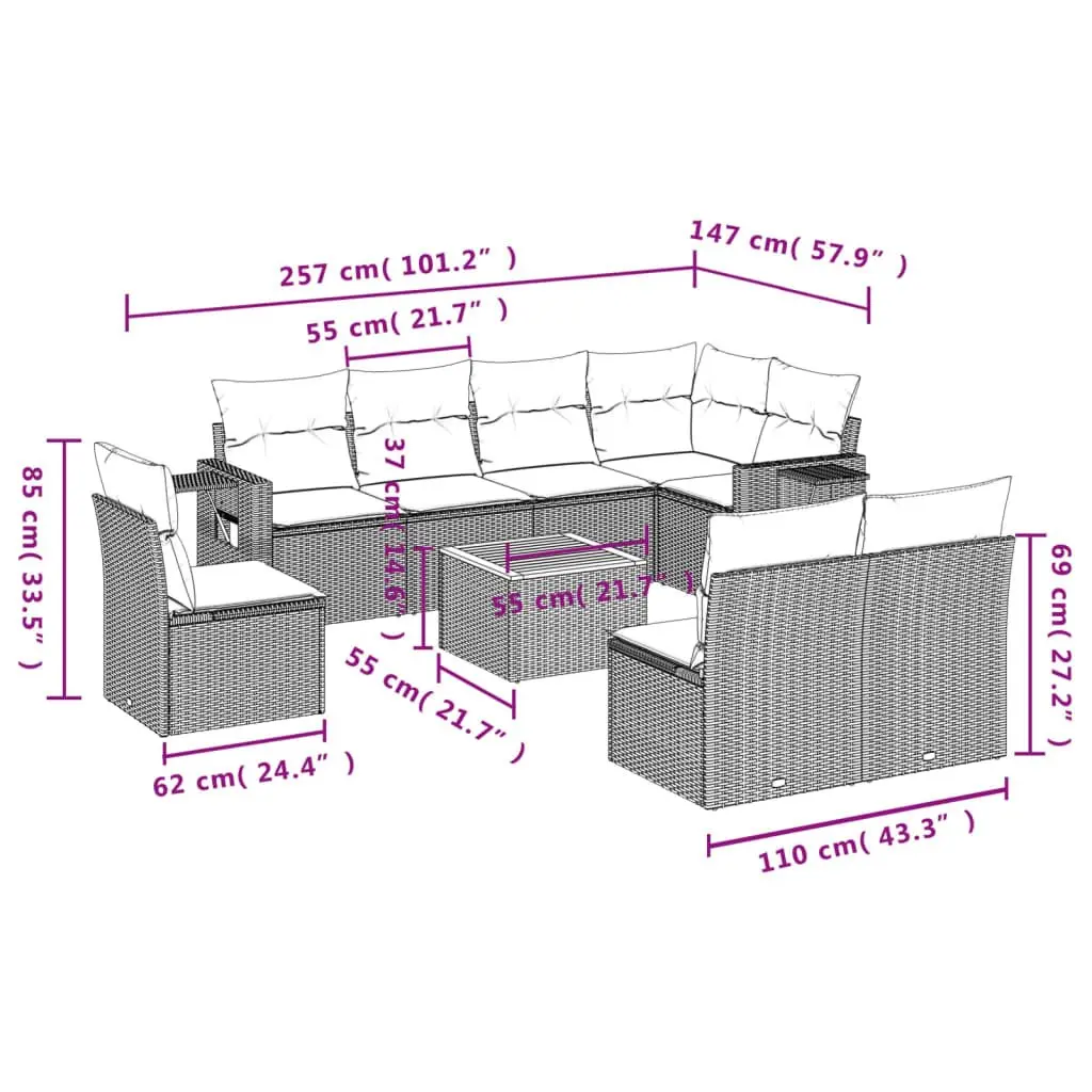 9 Piece Grey Modular Outdoor Sofa Set
