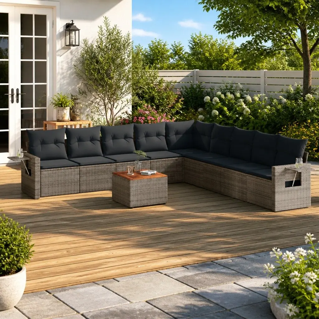 Outdoor Sectional Sofa Set PE Rattan 10 Piece Grey with Acacia Wood Table