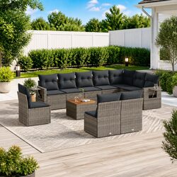 11-Piece Grey Outdoor Sectional Sofa Set with Foldable Table